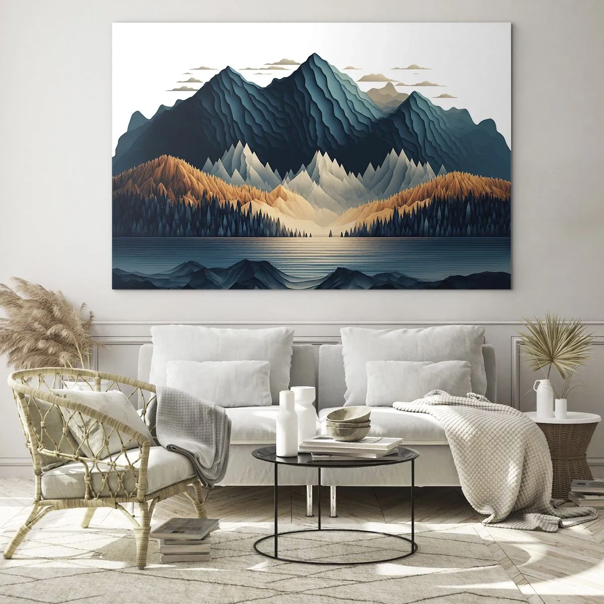 Glasbild - Bild auf glas - Stilisierte Berglandschaft mit Wald und See - 120x80cm - Perfekte Berglandschaft - Moderne Wanddekoration für Wohnzimmer und Schlafzimmer ARTTOR