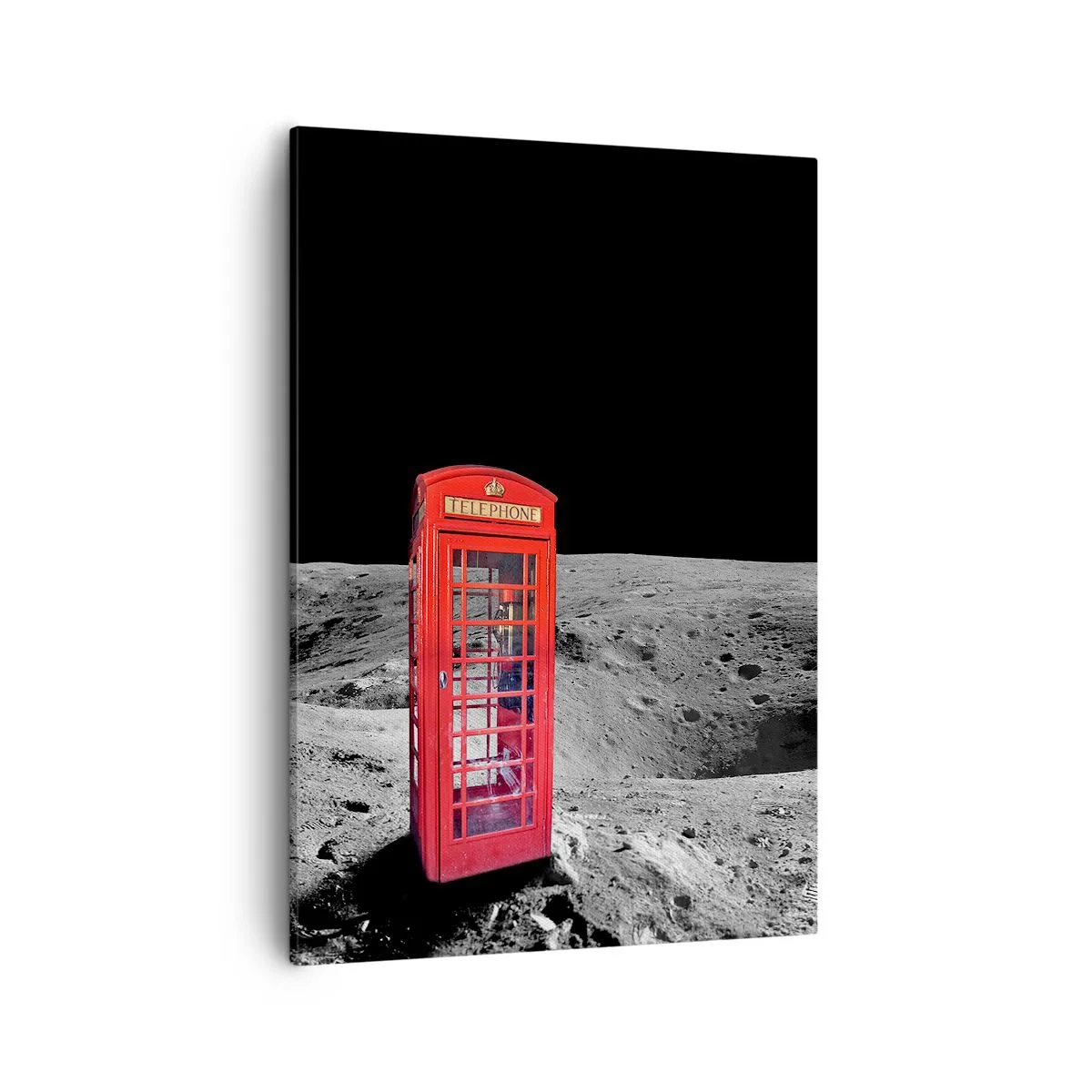 Bild auf Leinwand - Leinwandbild - Rote Telefonzelle auf dem Mond - 50x70cm - Ein kosmischer Witz - Moderne Wanddekoration für Wohnzimmer und Schlafzimmer ARTTOR
