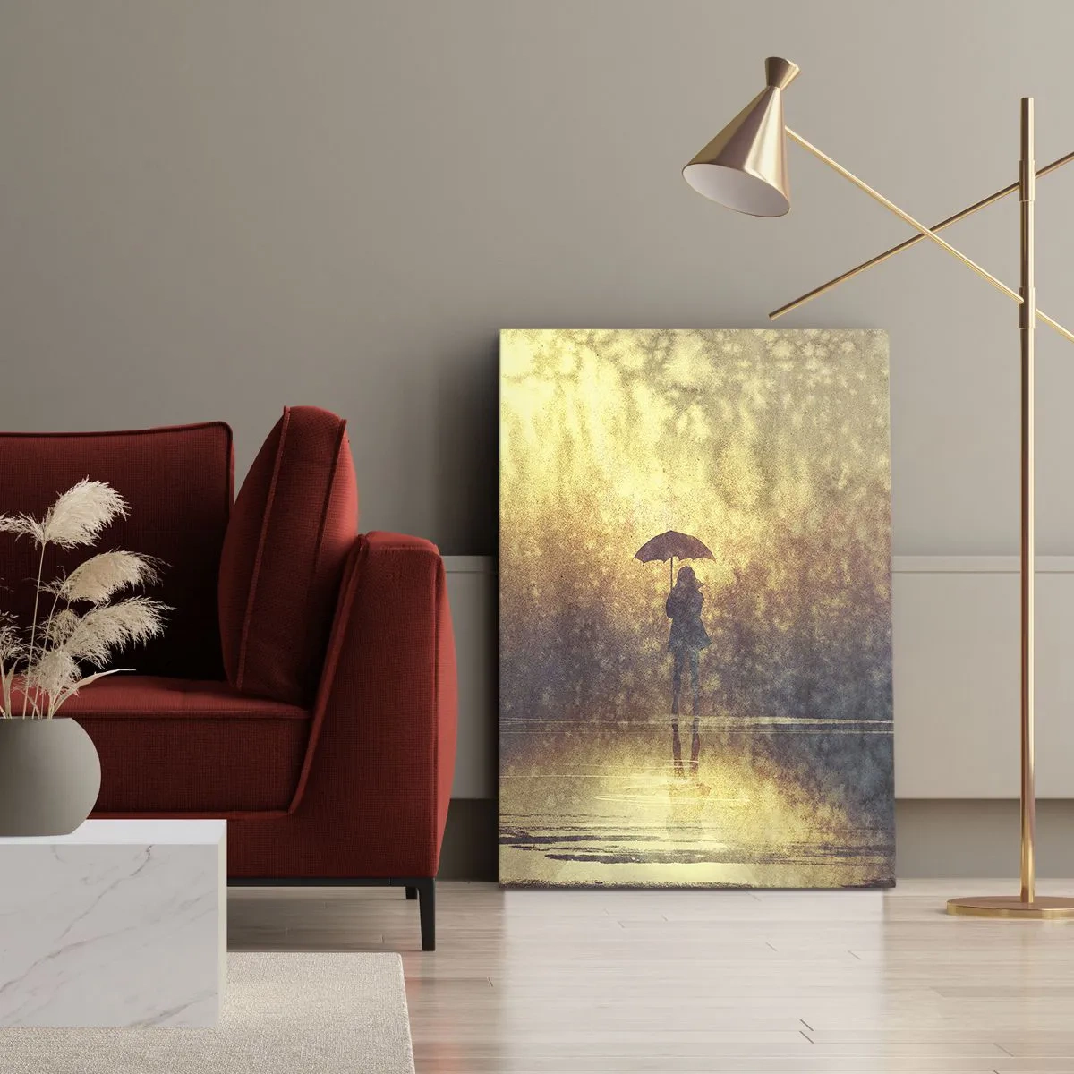 Bild auf Leinwand - Leinwandbild - Eine Figur mit einem Regenschirm in einer nebligen Landschaft voller Reflexionen - 70x100cm - Ich habe das Gefühl, dass mich jemand ansieht - Moderne Wanddekoration für Wohnzimmer und Schlafzimmer ARTTOR