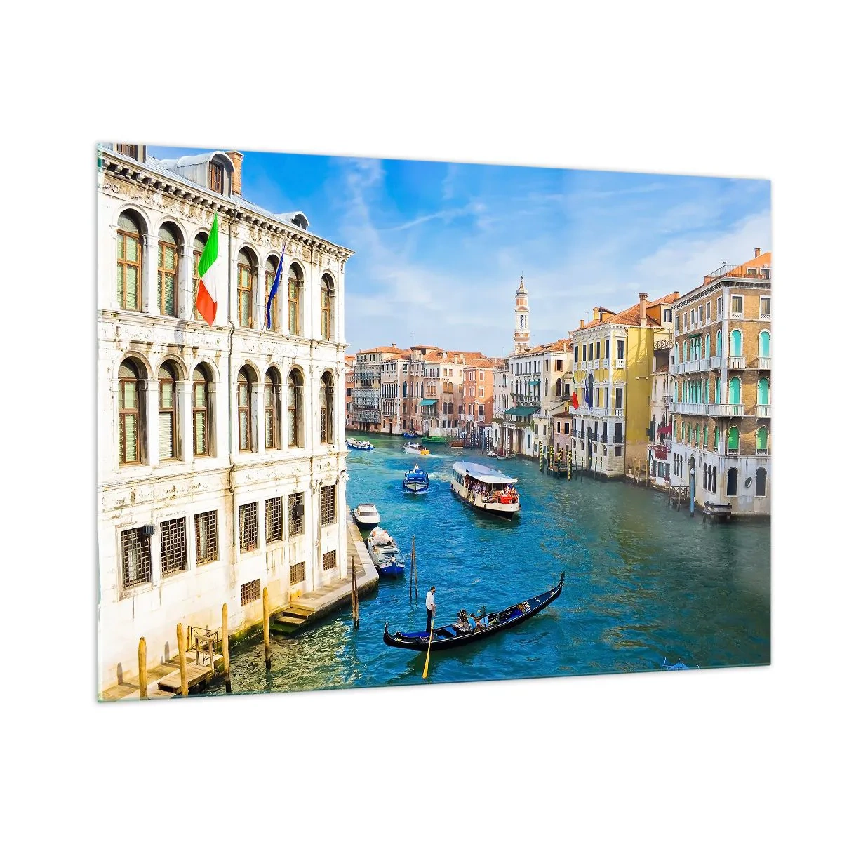 Glasbild - Bild auf glas - Ein Kanal in Venedig mit Gondeln und Booten auf dem Wasser - 100x70cm - Der einzigartige Verkehr der Welt - Moderne Wanddekoration für Wohnzimmer und Schlafzimmer ARTTOR