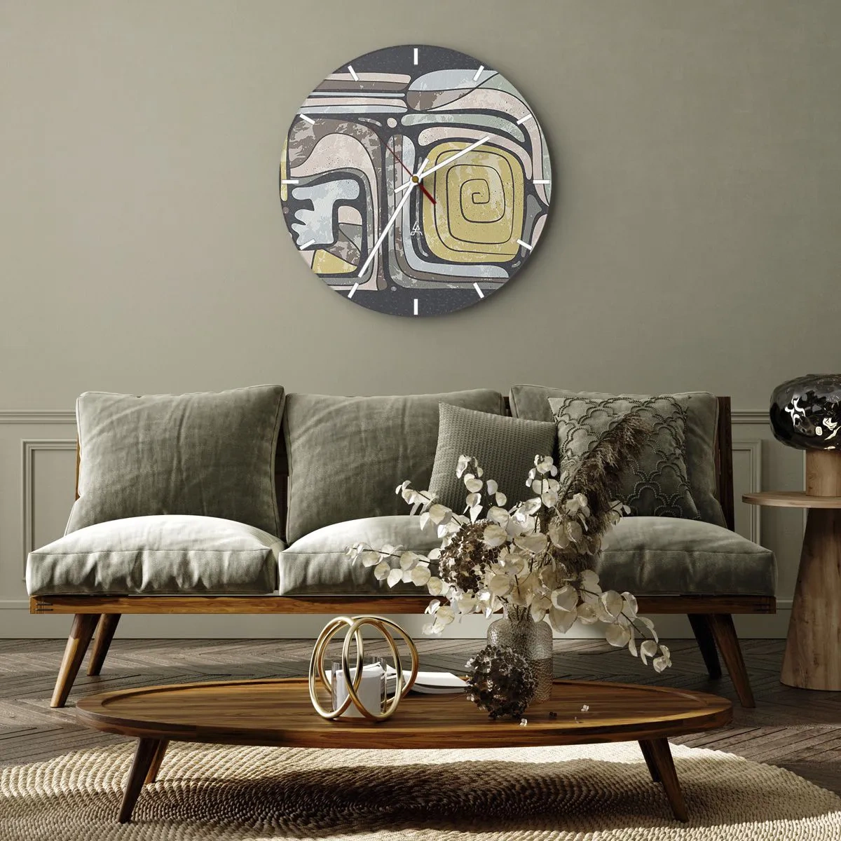 Wanduhr - Glasuhr - Abstrakte Formen mit Spiralmotiv im Ethno-Stil - 30x30cm - Abstraktion im präkolumbianischen Geist - Moderne Wanddekoration für Wohnzimmer, Küche und Schlafzimmer ARTTOR