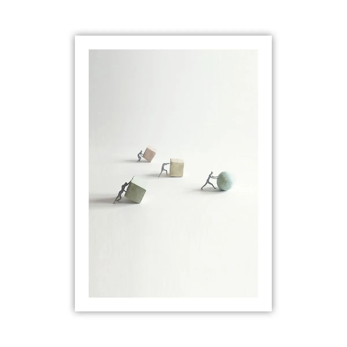 Poster - Miniaturfiguren, die bunte geometrische Formen schieben - 50x70cm - Pures Leben - Moderne Wanddekoration für Wohnzimmer und Schlafzimmer ARTTOR