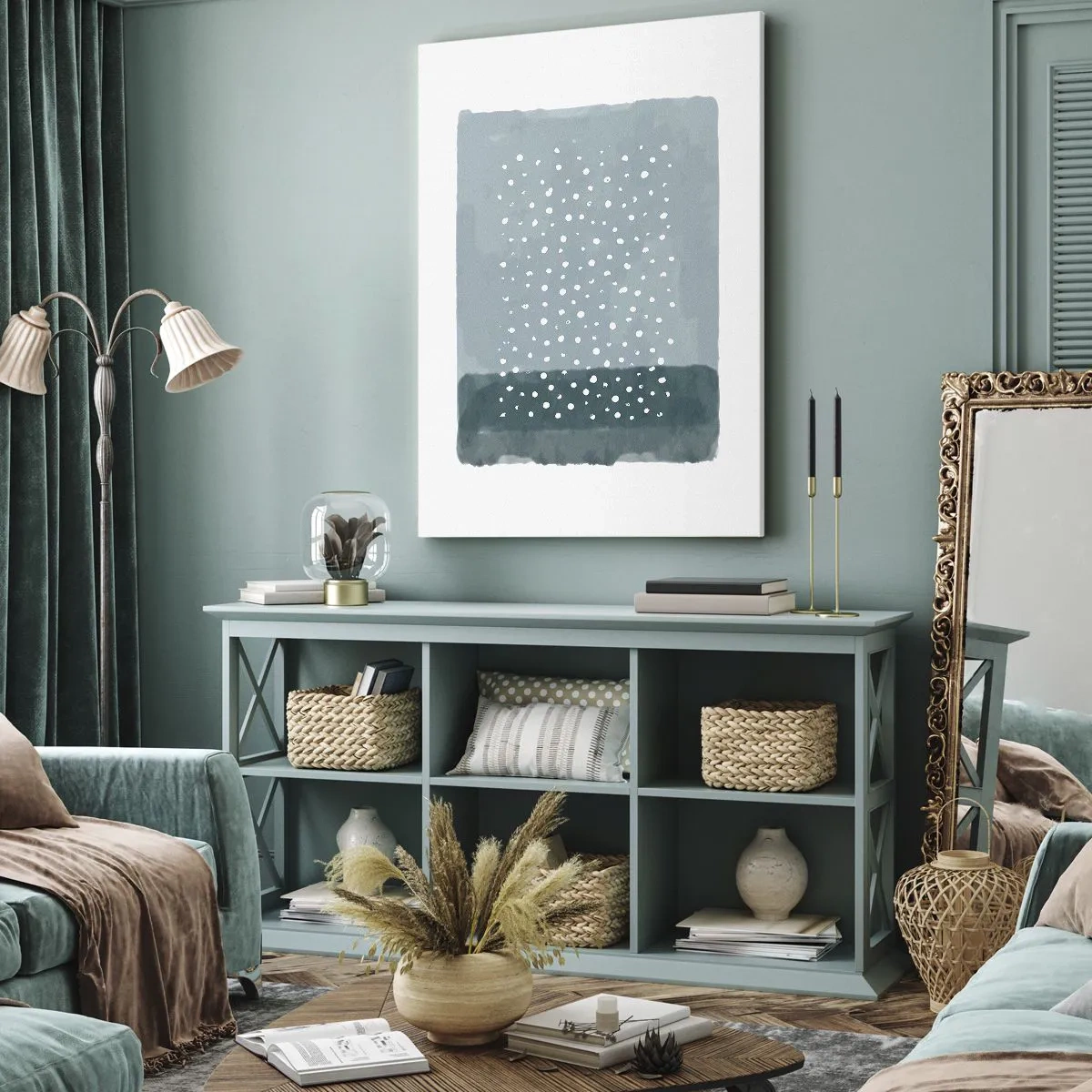 Bild auf Leinwand - Leinwandbild - Ein minimalistisches Gemälde in Blautönen mit Punkten - 70x100cm - Auf Blau gewachsen - Moderne Wanddekoration für Wohnzimmer und Schlafzimmer ARTTOR