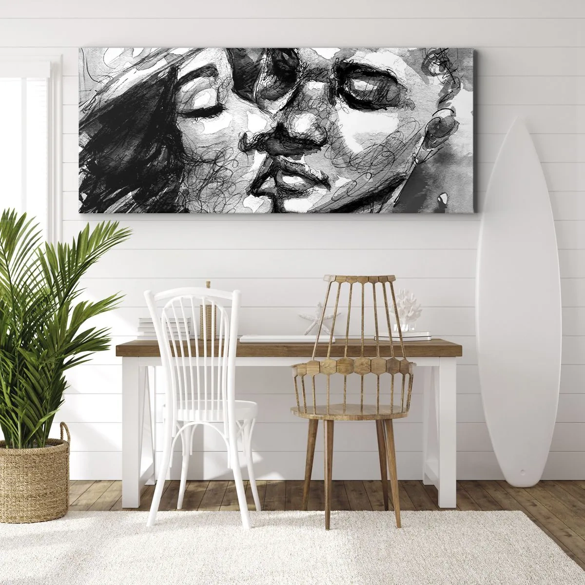Bild auf Leinwand - Leinwandbild - Ein schwarz-weißes Aquarell, das einen intimen Moment zwischen zwei Menschen darstellt. - 120x50cm - Zärtlicher Moment - Moderne Wanddekoration für Wohnzimmer und Schlafzimmer ARTTOR
