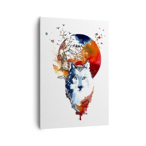 Bild auf Leinwand - Leinwandbild - Abstraktes Aquarell eines Wolfes vor einem roten Mond - 70x100cm - Nase an Nase mit der Nacht - Moderne Wanddekoration für Wohnzimmer und Schlafzimmer ARTTOR