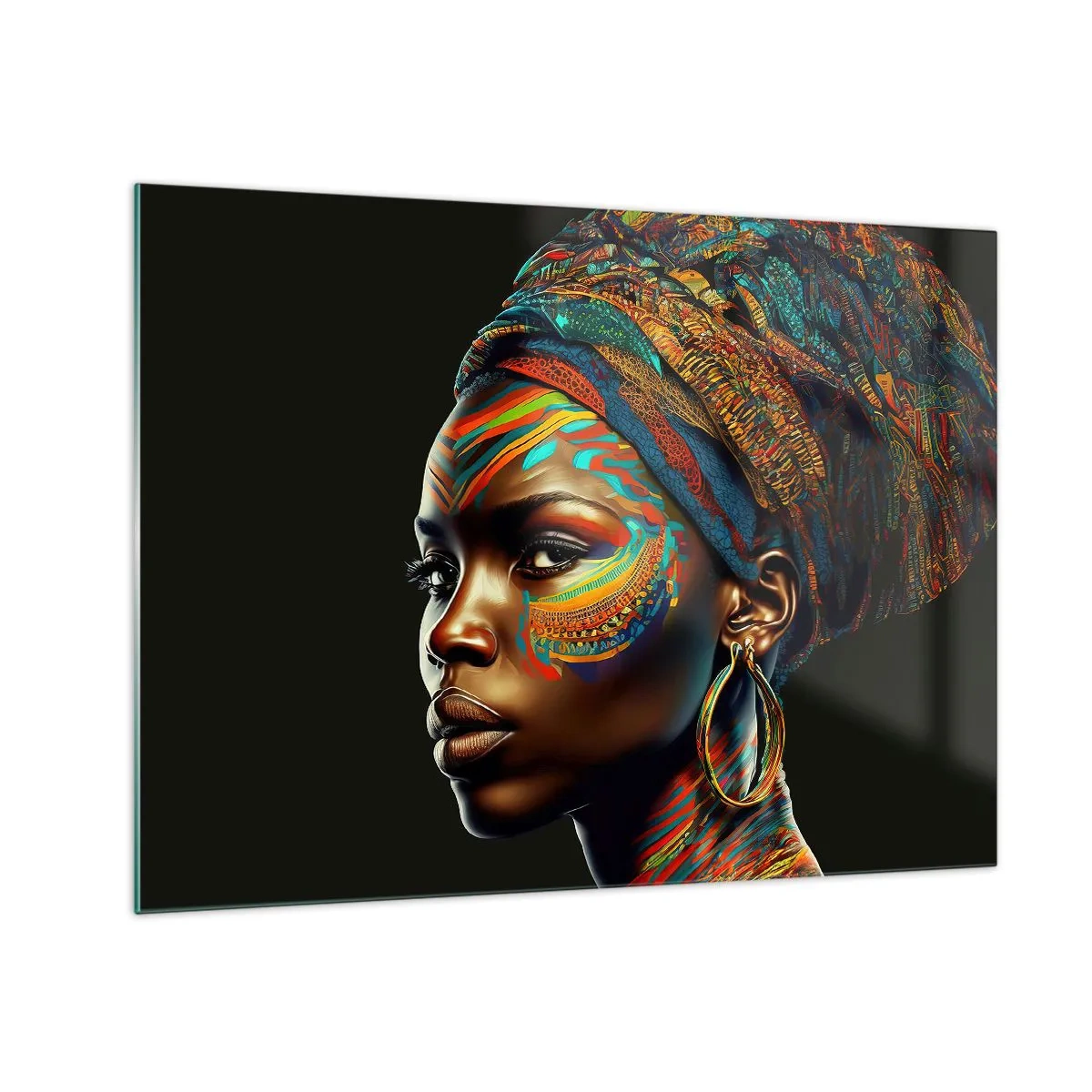 Glasbild - Bild auf glas - Porträt einer Frau mit farbenfroher Malerei und Turban - 70x50cm - Afrikanische Königin - Moderne Wanddekoration für Wohnzimmer und Schlafzimmer ARTTOR