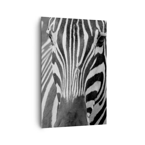 Bild auf Leinwand - Leinwandbild - Eine Schwarz-Weiß-Nahaufnahme eines Zebras mit seinen charakteristischen Streifen. - 80x120cm - Die Welt ist schwarz und weiß - Moderne Wanddekoration für Wohnzimmer und Schlafzimmer ARTTOR