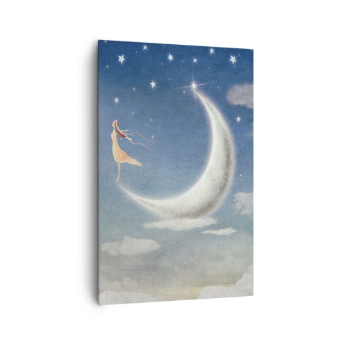 Bild auf Leinwand - Leinwandbild - Eine Frau im Mond, umgeben von Sternen und Wolken - 80x120cm - Blauer Freier - Moderne Wanddekoration für Wohnzimmer und Schlafzimmer ARTTOR