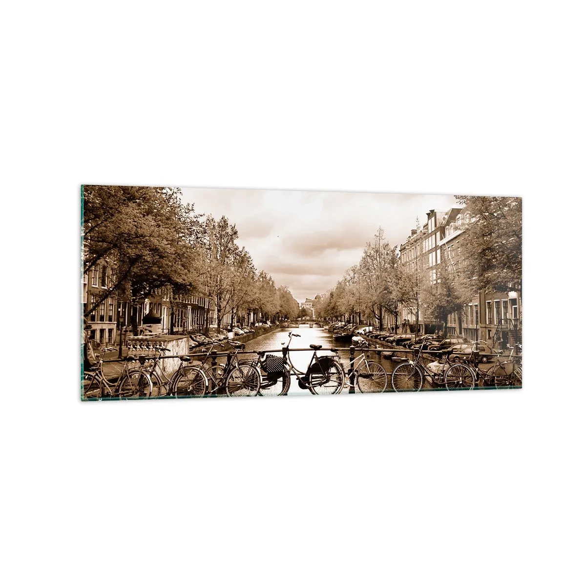 Glasbild - Bild auf glas - Fahrradbrücke über den Kanal in Sepia - 120x50cm - Niederländische Atmosphäre - Moderne Wanddekoration für Wohnzimmer und Schlafzimmer ARTTOR