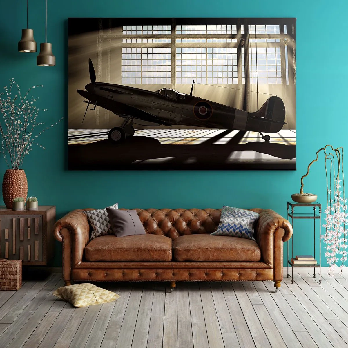 Bild auf Leinwand - Leinwandbild - Ein historisches Flugzeug in einem Hangar, beleuchtet vom Sonnenlicht - 70x50cm - Die Ruhe eines Kriegers - Moderne Wanddekoration für Wohnzimmer und Schlafzimmer ARTTOR