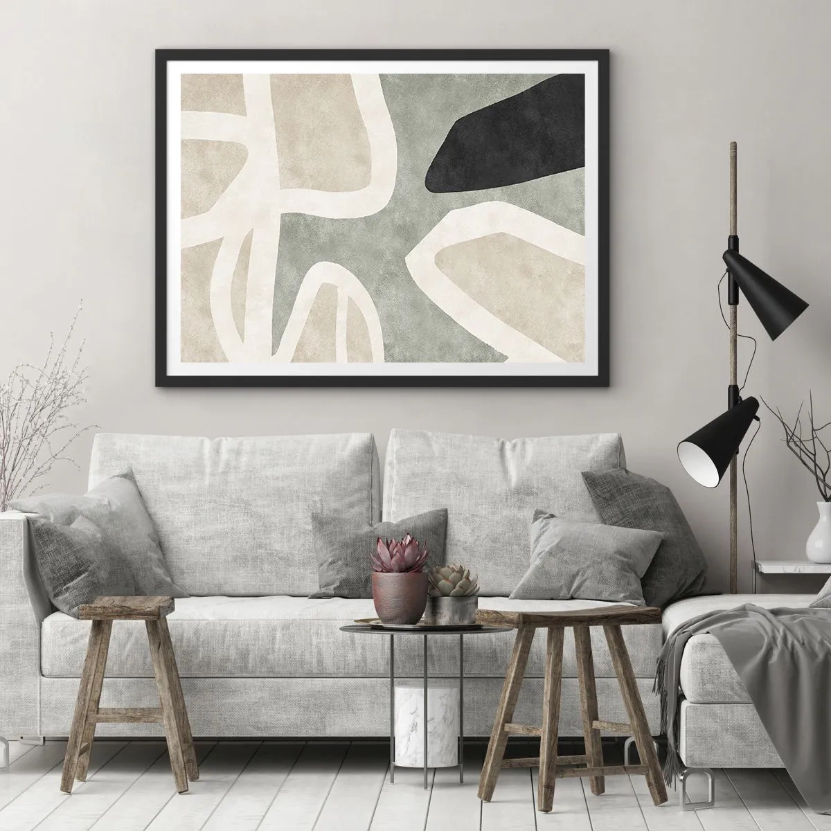 Poster in einem schwarzem Rahmen - Abstrakte Formen in gedämpften Farben - 70x50cm - Komposition mit schwarzem Motiv - Moderne Wanddekoration für Wohnzimmer und Schlafzimmer ARTTOR