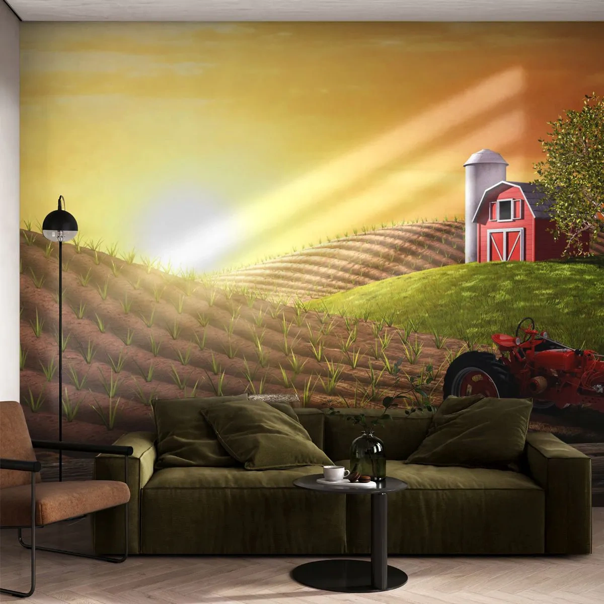 Fototapete Premium Canvas - Ländliche Landschaft mit einer roten Scheune, Traktor und Sonnenaufgang - 100x70cm - Ein Bauernhof wie aus einem Märchen - Moderne Wanddekoration für Wohnzimmer und Schlafzimmer ARTTOR