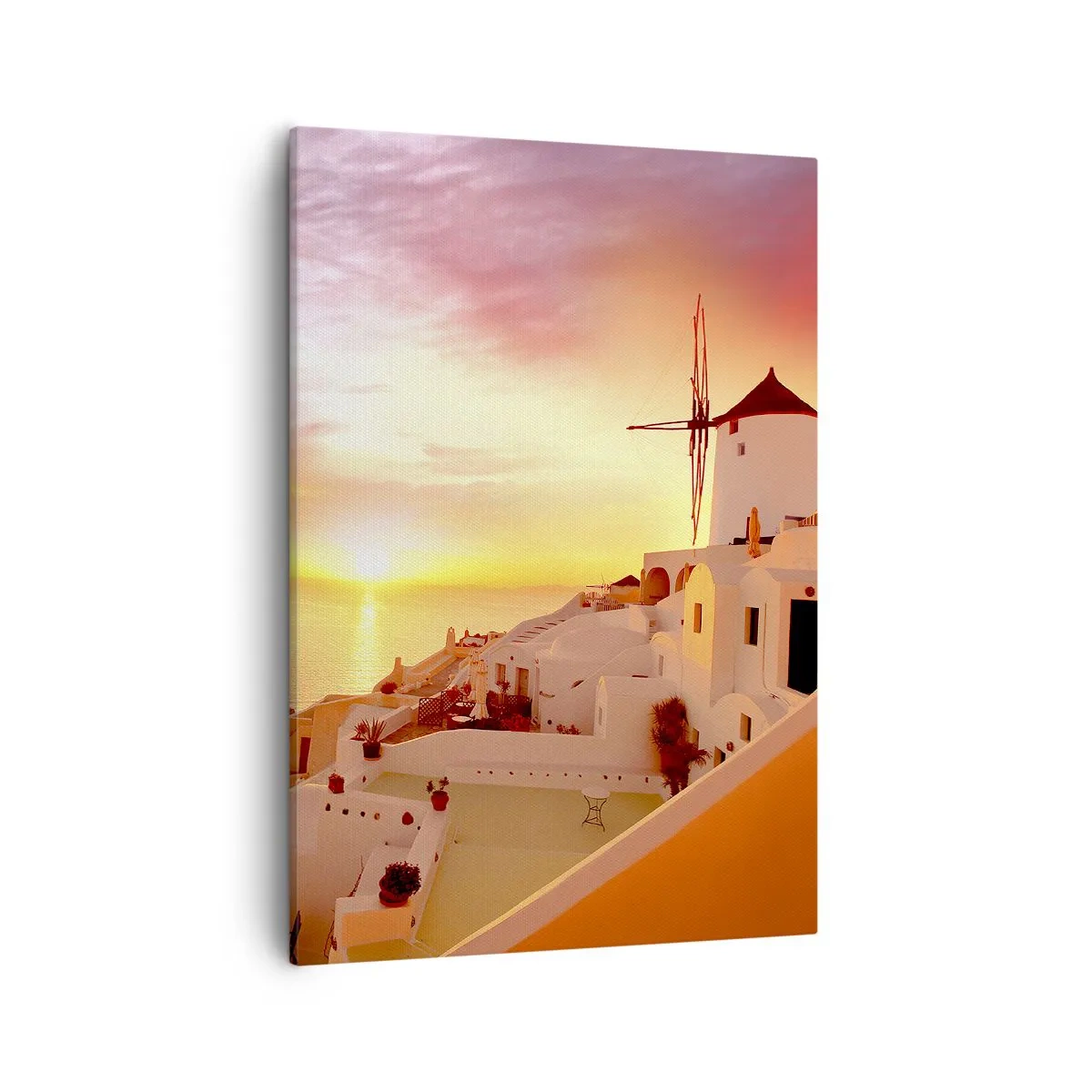 Bild auf Leinwand - Leinwandbild - Santorini bei Sonnenuntergang mit einer Windmühle - 50x70cm - In Weiß und Gold schmelzen - Moderne Wanddekoration für Wohnzimmer und Schlafzimmer ARTTOR