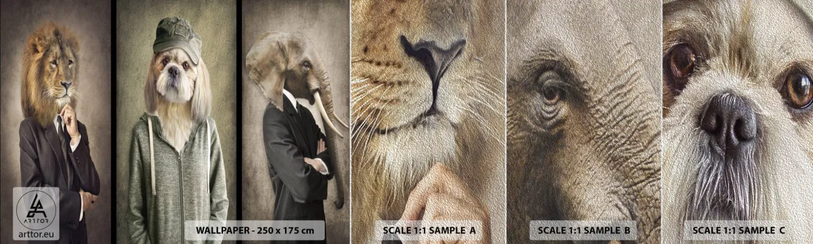 Fototapeten Muster Premium Sand - ich bevorzuge Gelassenheit - Abstraktion, Löwe, Hund - 100x30 cm