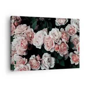Bild auf Leinwand - Leinwandbild - Rosa Rosen auf dunklem Hintergrund in einer subtilen Komposition - 70x50cm - Rosen-Ensemble - Moderne Wanddekoration für Wohnzimmer und Schlafzimmer ARTTOR
