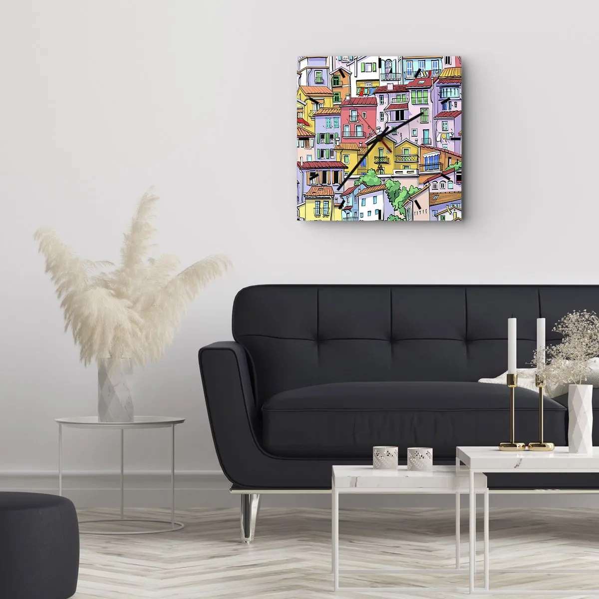 Wanduhr - Glasuhr - Bunte Mietshäuser im lebendigen, fröhlichen Stil - 30x30cm - Lustige Stadt - Moderne Wanddekoration für Wohnzimmer und Schlafzimmer ARTTOR