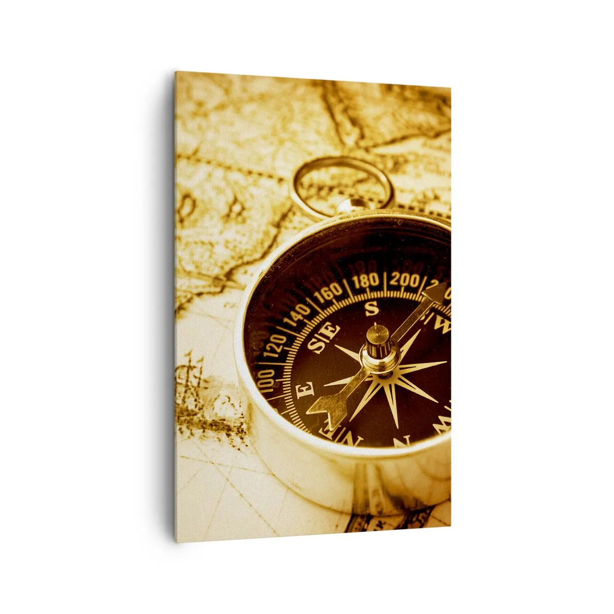 Bild auf Leinwand - Leinwandbild - Ein antiker Kompass vor dem Hintergrund einer alten Weltkarte - 80x120cm - Ost oder West? - Moderne Wanddekoration für Wohnzimmer und Schlafzimmer ARTTOR