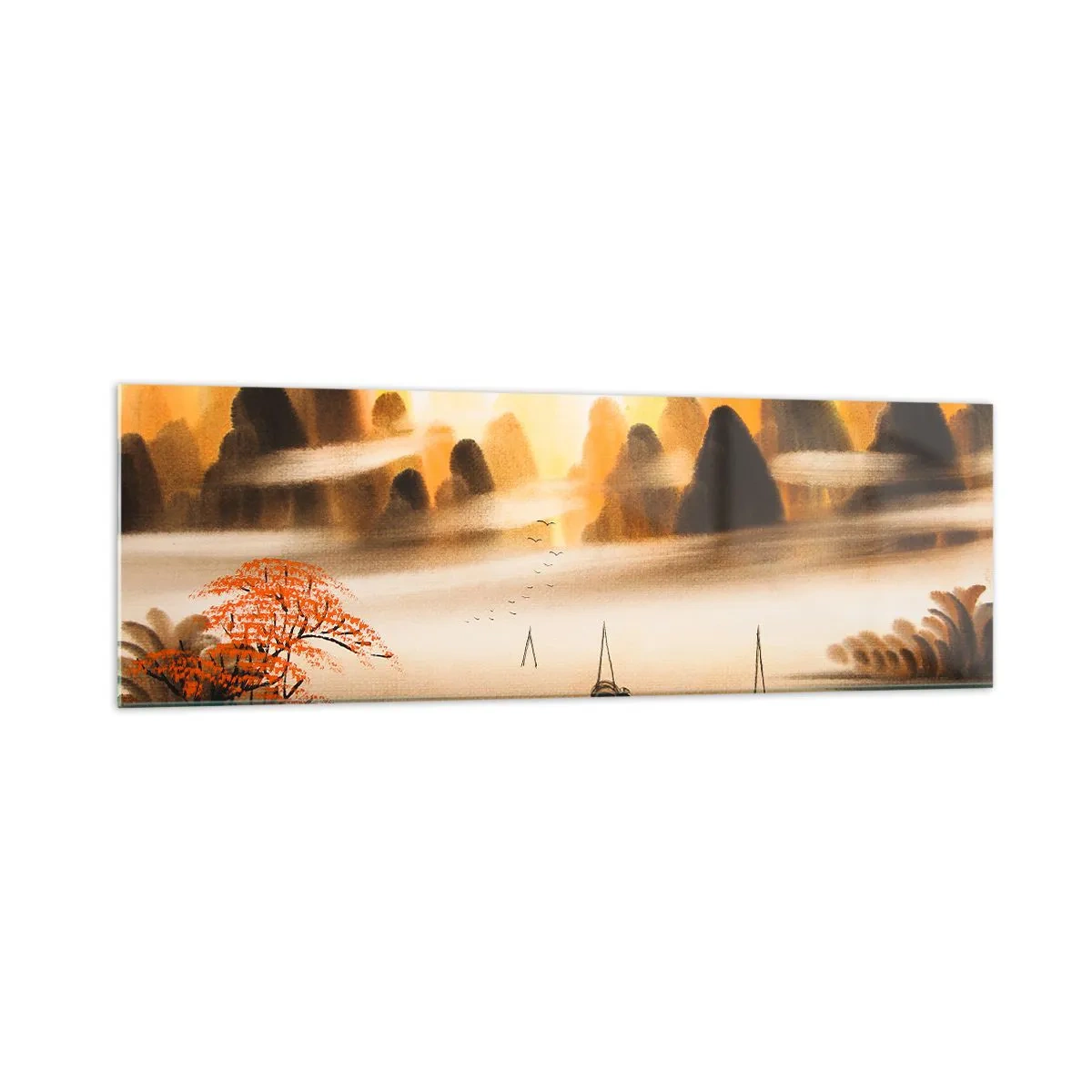 Glasbild - Bild auf glas - Eine orientalische Landschaft mit Fluss, Bergen und sanftem Nebel. - 160x50cm - Weiter als im Fernosten - Moderne Wanddekoration für Wohnzimmer und Schlafzimmer ARTTOR