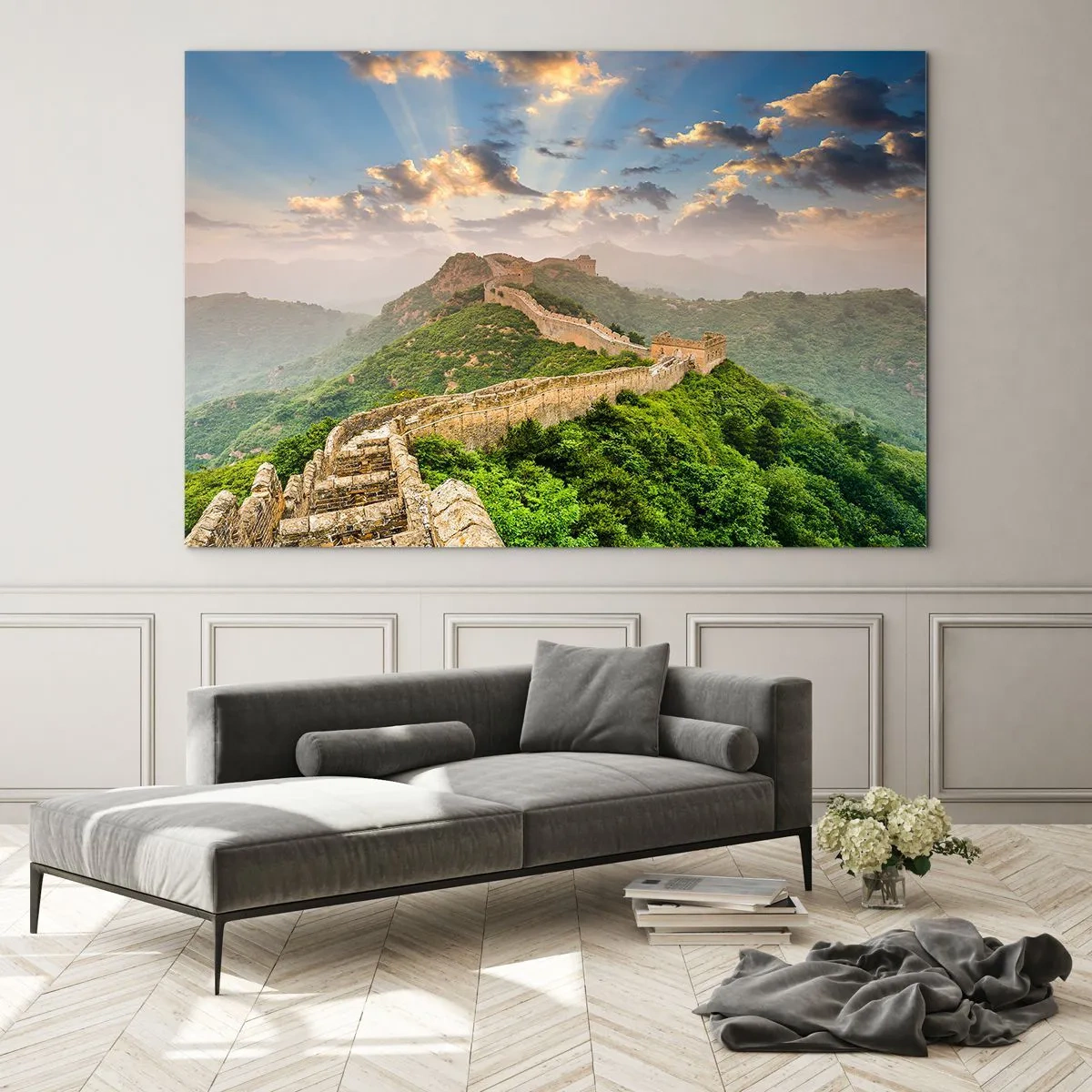 Glasbild - Bild auf glas - Die Chinesische Mauer in einer bergigen Landschaft - 120x80cm - Ewige Größe - Moderne Wanddekoration für Wohnzimmer und Schlafzimmer ARTTOR
