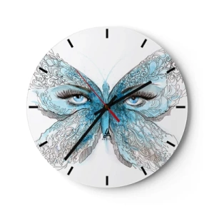 Wanduhr - Glasuhr - Blauer Schmetterling mit Augendetail und zartem künstlerischem Muster - 30x30cm - Eros Blaumeise - Moderne Wanddekoration für Wohnzimmer, Küche und Schlafzimmer ARTTOR