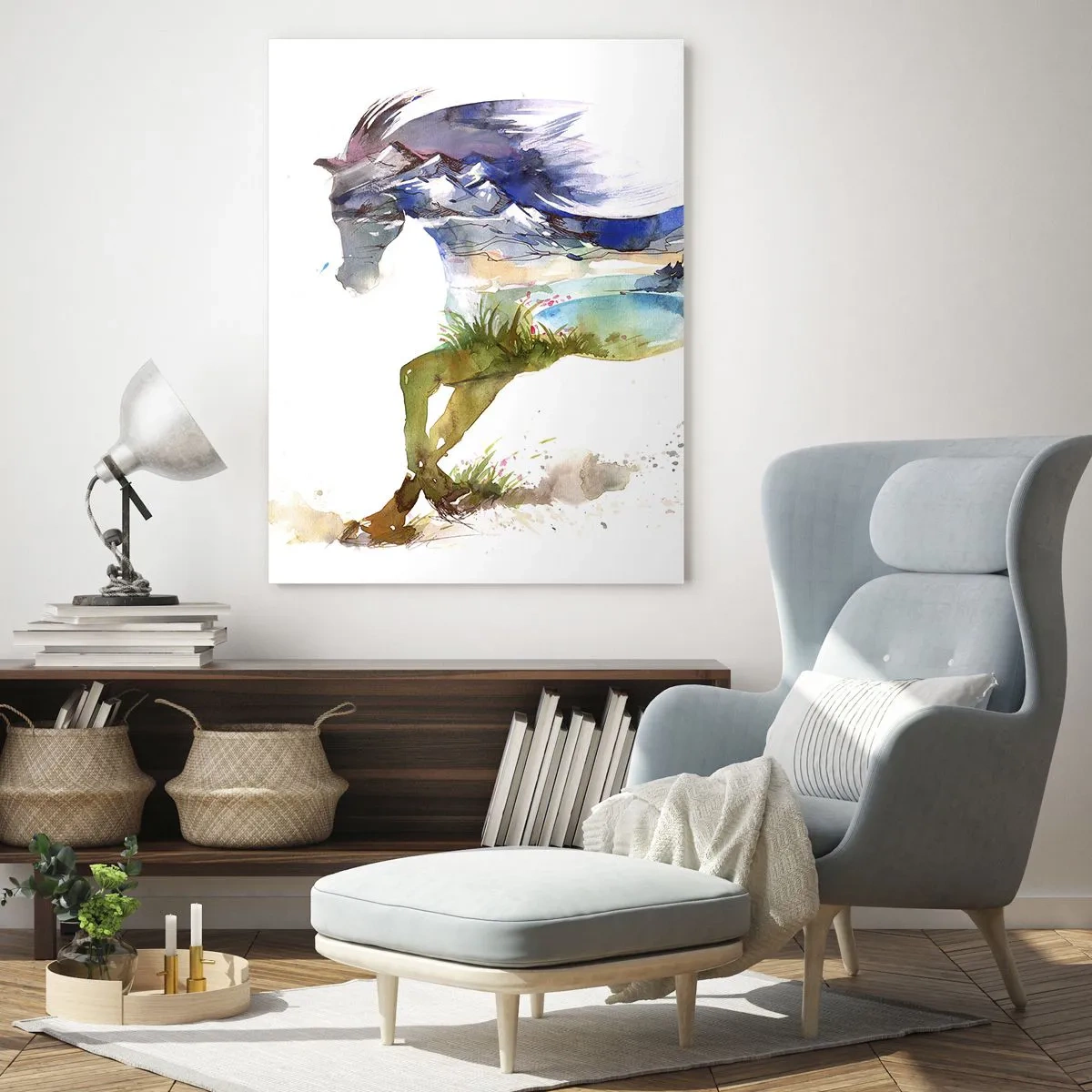 Glasbild - Bild auf glas - Aquarell eines Pferdes mit einer Berglandschaft in der Silhouette - 80x120cm - Von der Wiese direkt in den Himmel - Moderne Wanddekoration für Wohnzimmer und Schlafzimmer ARTTOR