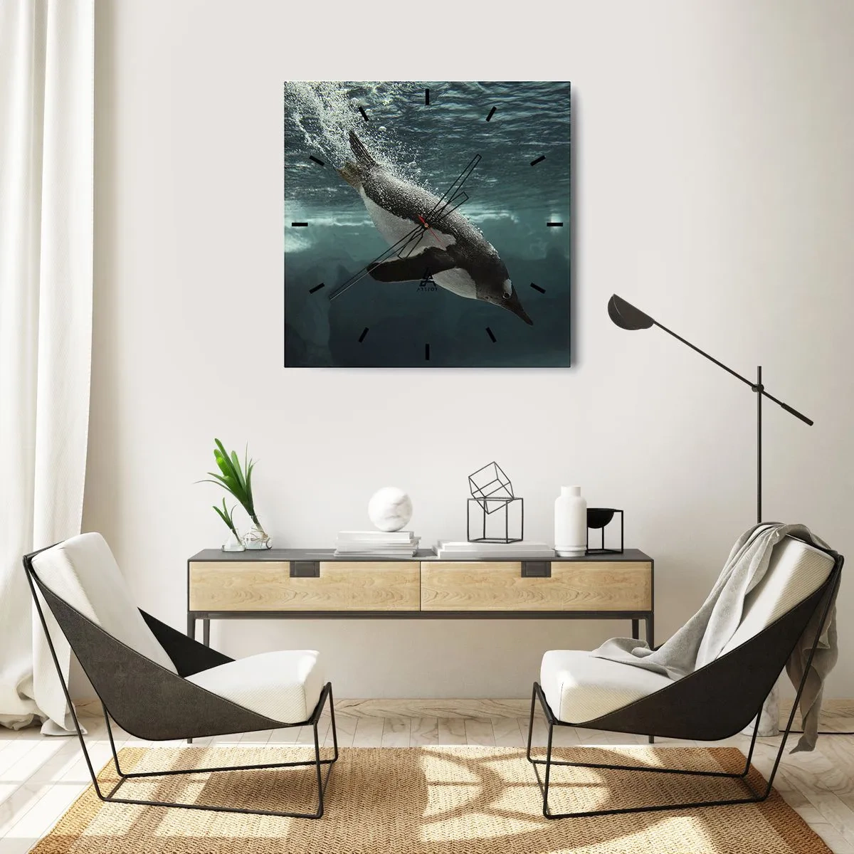 Wanduhr - Glasuhr - Ein Pinguin taucht in die Tiefen des eisigen Wassers - 30x30cm - Willkommen in meiner Welt - Moderne Wanddekoration für Wohnzimmer und Schlafzimmer ARTTOR