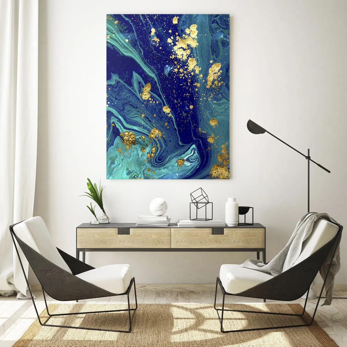 Glasbild - Bild auf glas - Eine abstrakte Komposition mit blauen, grünen und goldenen Akzenten. - 80x120cm - Die Blütenblätter der Sonne - Moderne Wanddekoration für Wohnzimmer und Schlafzimmer ARTTOR