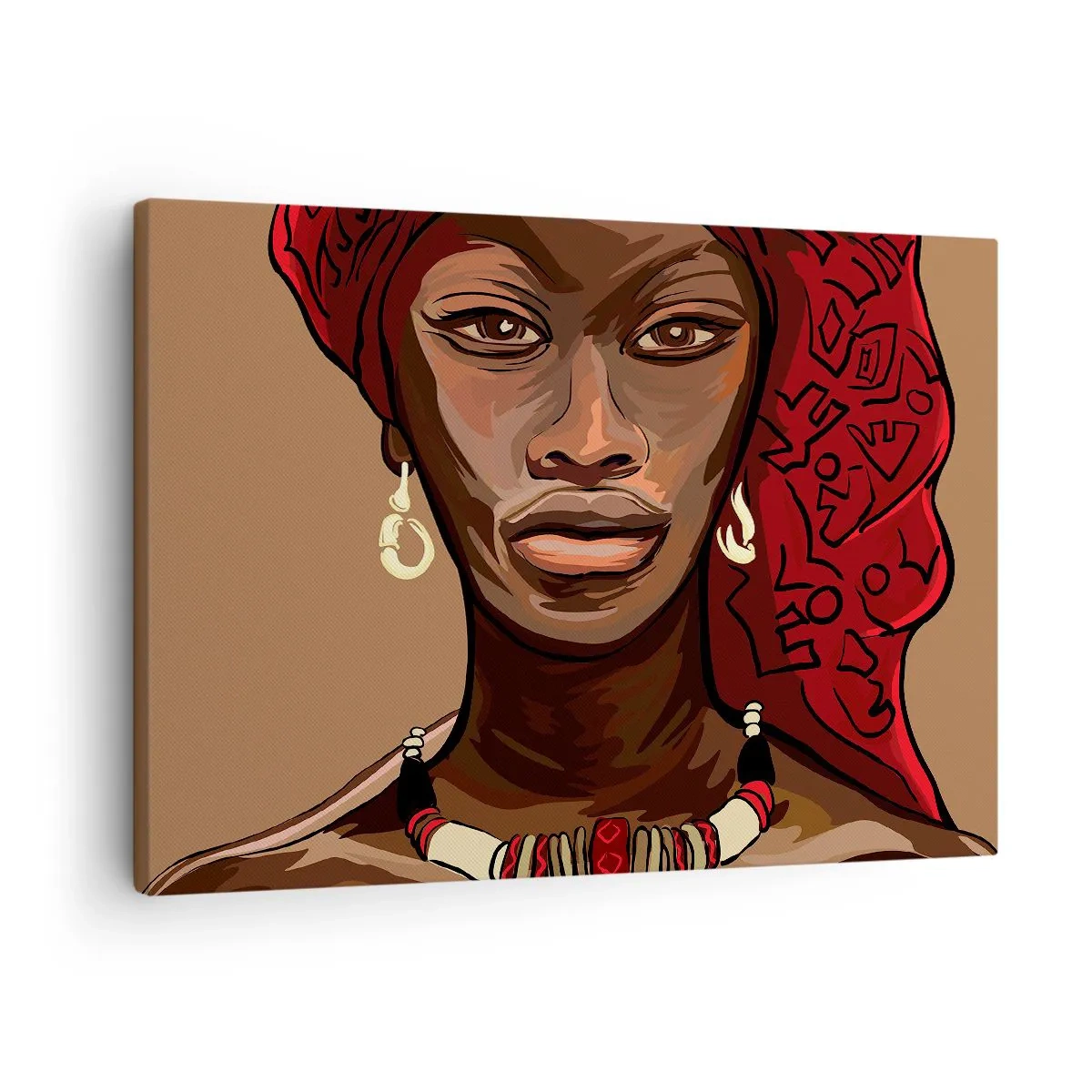 Bild auf Leinwand - Leinwandbild - Porträt einer Frau mit rotem Turban auf beigem Hintergrund - 70x50cm - Venus aus Ebenholz - Moderne Wanddekoration für Wohnzimmer und Schlafzimmer ARTTOR
