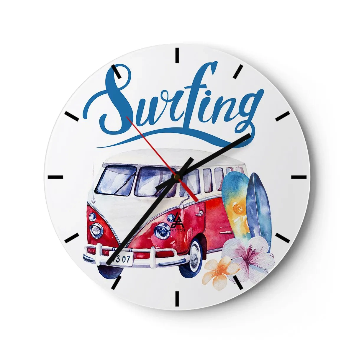 Wanduhr - Glasuhr - Surfbus-Motiv mit Brettern und Blumen auf weißem Hintergrund - 30x30cm - Gurke - ein Klassiker für einen Surfer - Moderne Wanddekoration für Wohnzimmer, Küche und Schlafzimmer ARTTOR