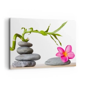 Bild auf Leinwand - Leinwandbild - Bambus und rosa Blume auf Steinen im Zen-Stil - 120x80cm - Farben des Lebens und der Dauer - Moderne Wanddekoration für Wohnzimmer und Schlafzimmer ARTTOR