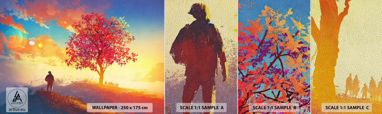 Fototapeten Muster Premium Sand - Pilger am Ziel - Landschaft, Baum, Wanderer - 100x30 cm