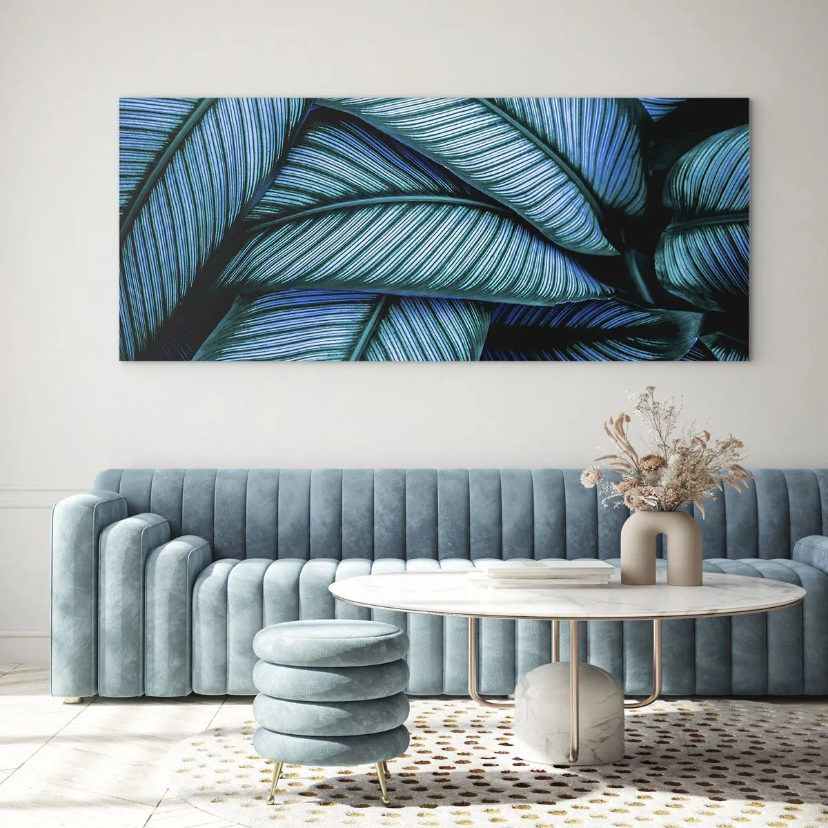 Glasbild - Bild auf glas - Eine Nahaufnahme von türkisfarbenen Blättern mit lebendigen Details. - 160x50cm - Lebenslinien - Moderne Wanddekoration für Wohnzimmer und Schlafzimmer ARTTOR