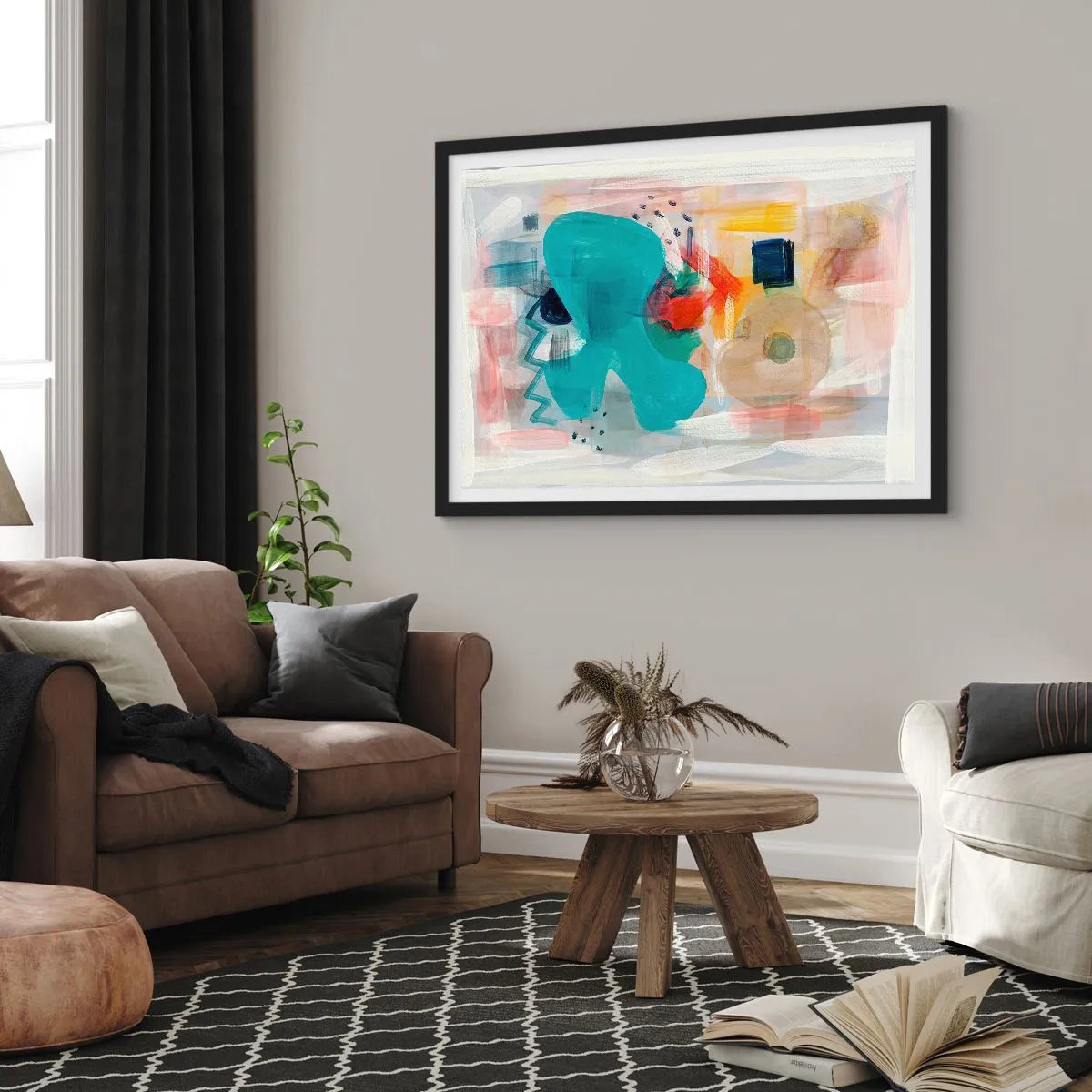 Poster in einem schwarzem Rahmen - Abstrakte Formen und Farben schaffen eine dynamische Komposition - 100x70cm - Buntes Spiel - Moderne Wanddekoration für Wohnzimmer und Schlafzimmer ARTTOR