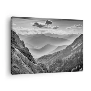 Bild auf Leinwand - Leinwandbild - Schwarz-weiße Berglandschaft mit Wolken über den Gipfeln - 70x50cm - Bis zum Horizont - Moderne Wanddekoration für Wohnzimmer und Schlafzimmer ARTTOR