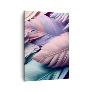 Bild auf Leinwand - Leinwandbild - Bunte Federn in Pastelltönen auf hellem Hintergrund - 50x70cm - Vogel-Chic - Moderne Wanddekoration für Wohnzimmer und Schlafzimmer ARTTOR