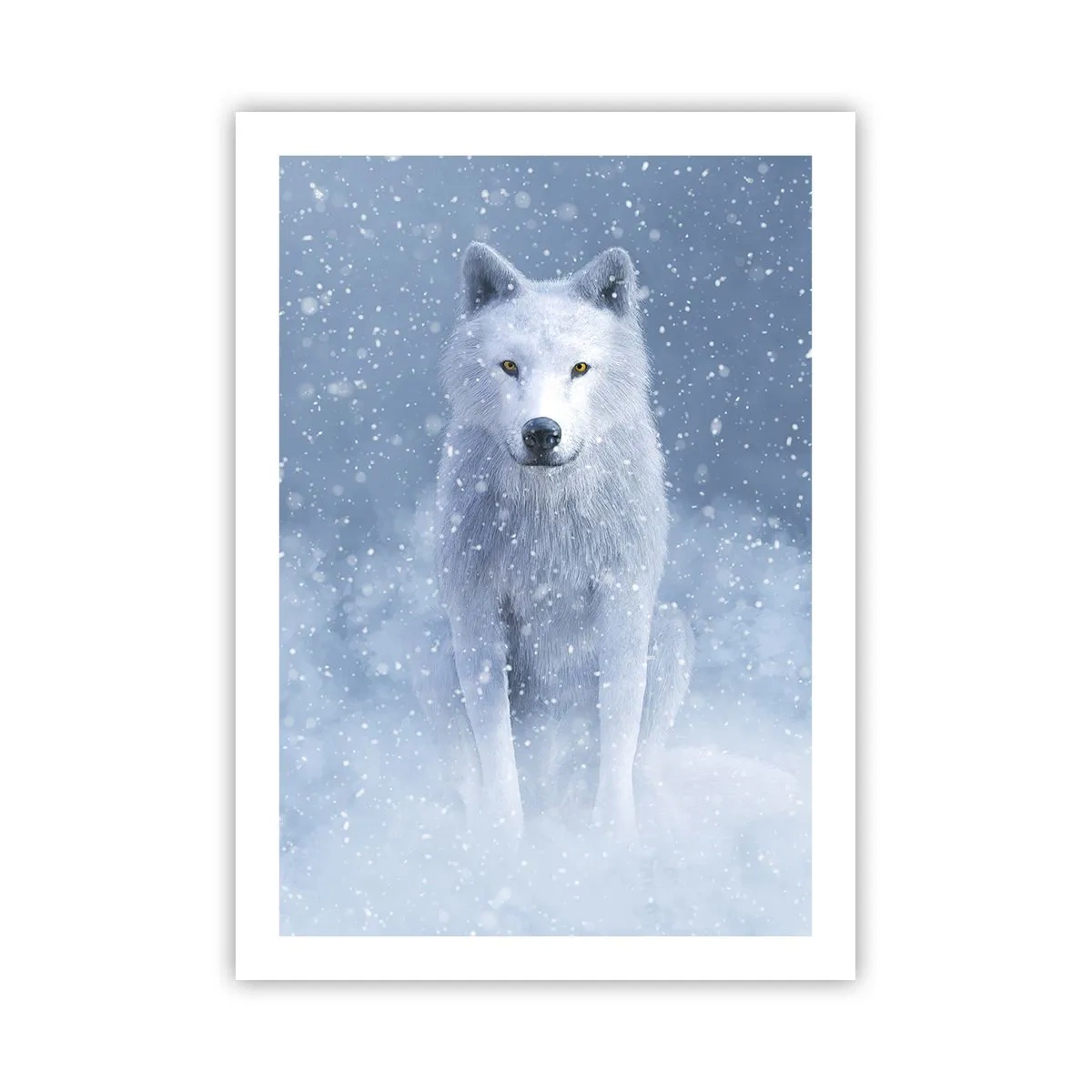 Poster - Ein weißer Wolf in einer Winterlandschaft, umgeben von Schnee. - 50x70cm - In Winterstimmung - Moderne Wanddekoration für Wohnzimmer und Schlafzimmer ARTTOR