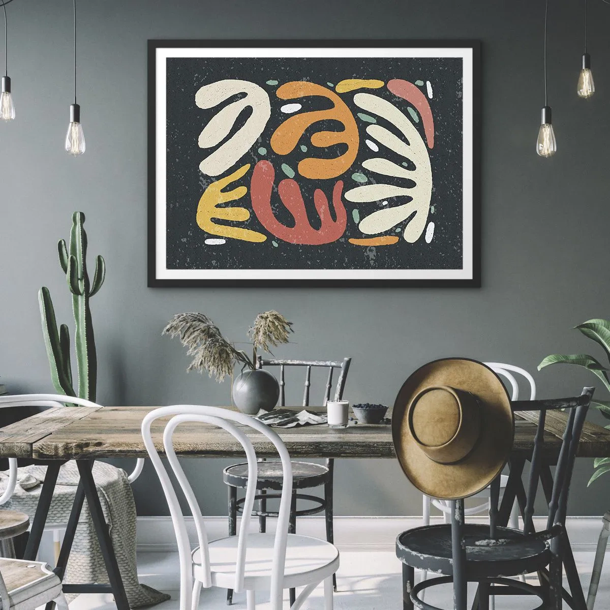 Poster in einem schwarzem Rahmen - Abstrakte Formen in warmen Farben auf dunklem Hintergrund - 70x50cm - Komposition – Ich erwische dich gleich - Moderne Wanddekoration für Wohnzimmer und Schlafzimmer ARTTOR