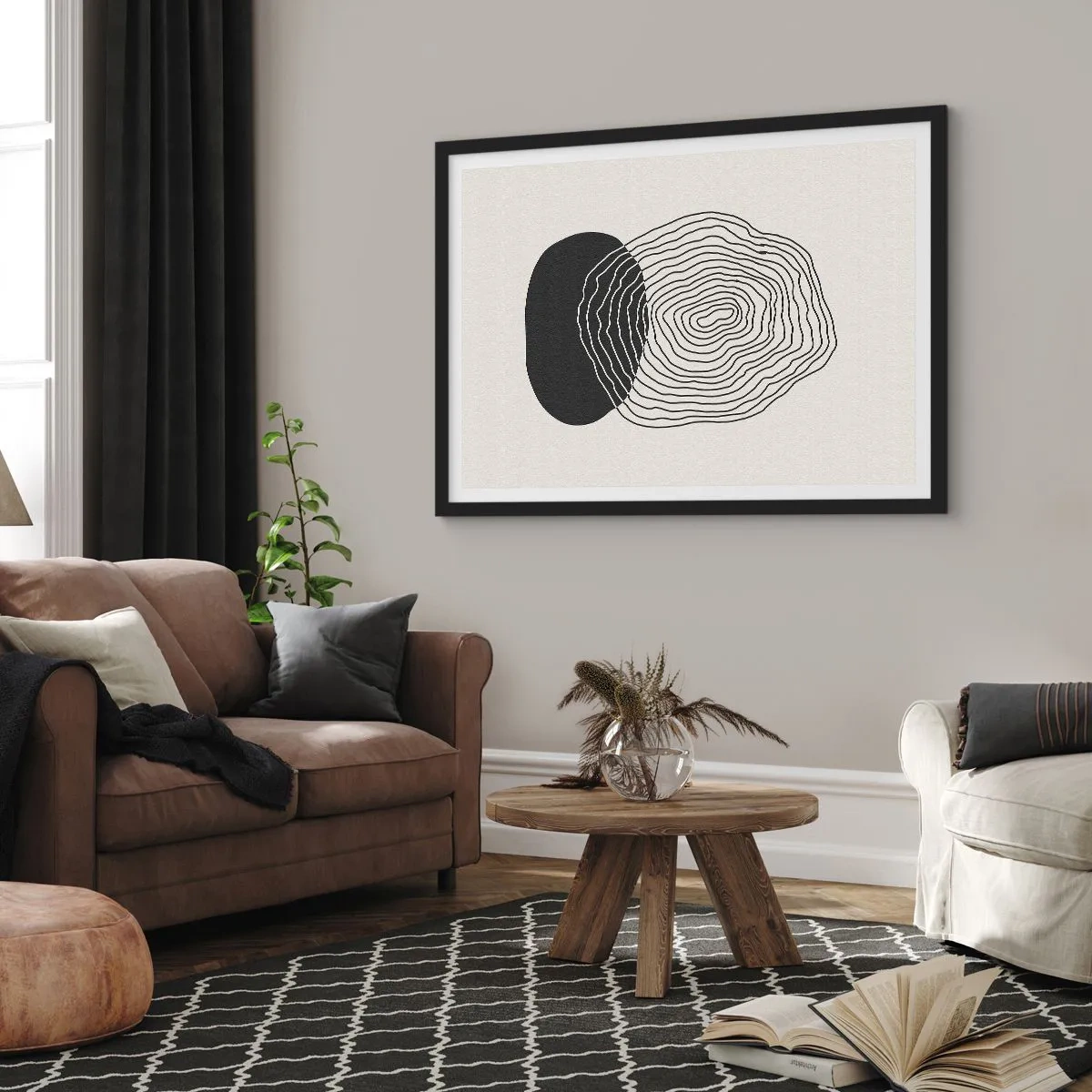 Poster in einem schwarzem Rahmen - Abstraktes Muster mit Linien und Formen in Schwarz und Weiß - 70x50cm - Dauer und Schwingung - Moderne Wanddekoration für Wohnzimmer und Schlafzimmer ARTTOR