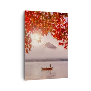 Bild auf Leinwand - Leinwandbild - Ein Boot auf einem See, umgeben von roten Ahornblättern - 70x100cm - Im japanischen Klima - Moderne Wanddekoration für Wohnzimmer und Schlafzimmer ARTTOR
