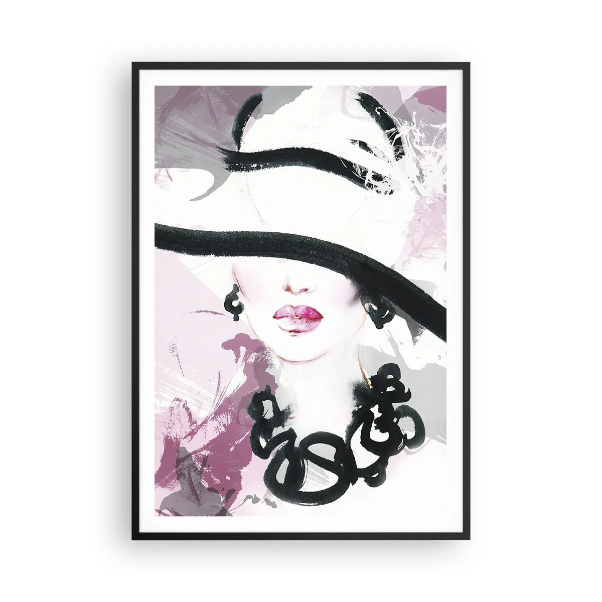 Poster in einem schwarzem Rahmen - Bildnis einer Dame in Schwarz und Pink - 70x100 cm