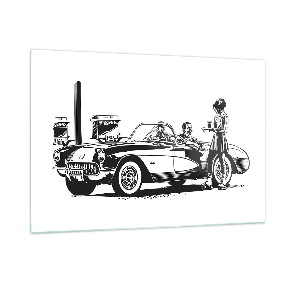 Glasbild - Bild auf glas - Kreative Grafiken mit einem Oldtimer und Figuren - 120x80cm - 60. - unbeschwertes Amerika - Moderne Wanddekoration für Wohnzimmer und Schlafzimmer ARTTOR