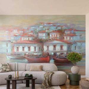 Fototapete Premium Canvas - Glückliche Stadt - Die Architektur, Segelboot, Hafen - 200x140 cm