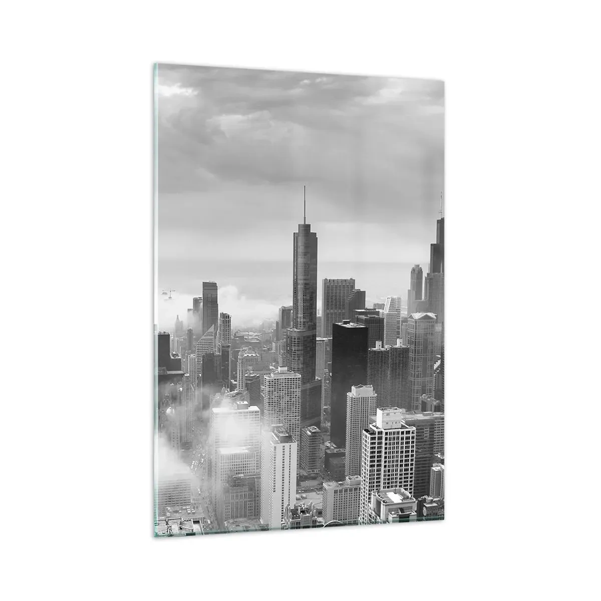Glasbild - Bild auf glas - Stadtpanorama mit Wolkenkratzern in den Wolken in Schwarzweiß - 80x120cm - Amerikanische Landschaft - Moderne Wanddekoration für Wohnzimmer und Schlafzimmer ARTTOR