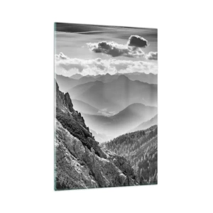 Glasbild - Bild auf glas - Schwarz-weiße Berglandschaft mit Wolken über den Gipfeln - 80x120cm - Bis zum Horizont - Moderne Wanddekoration für Wohnzimmer und Schlafzimmer ARTTOR