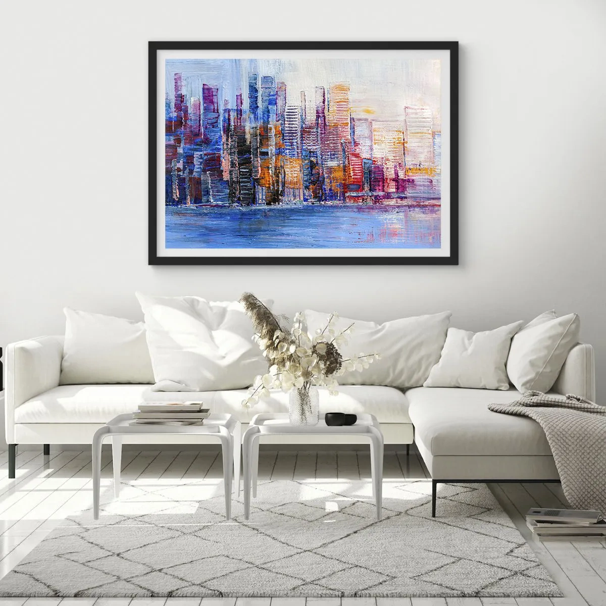 Poster in einem schwarzem Rahmen - Ein farbenfrohes Panorama der Stadt mit Spiegelungen auf dem Wasser - 70x50cm - Fröhliche Metropole - Moderne Wanddekoration für Wohnzimmer und Schlafzimmer ARTTOR