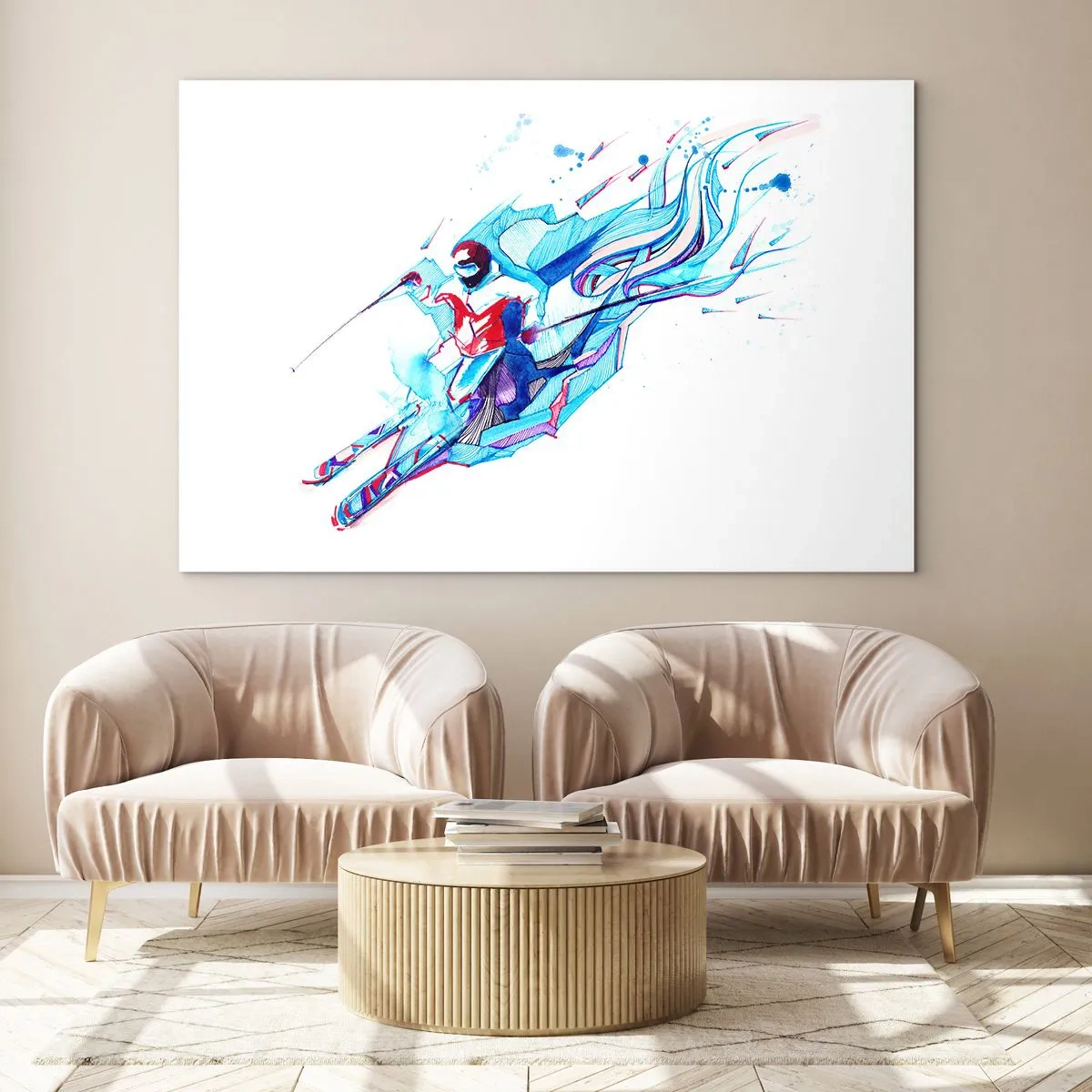 Glasbild - Bild auf glas - Eine dynamische Figur eines Skifahrers in abstrakten Farben - 120x80cm - Verrückter Ansturm vor Freude - Moderne Wanddekoration für Wohnzimmer und Schlafzimmer ARTTOR