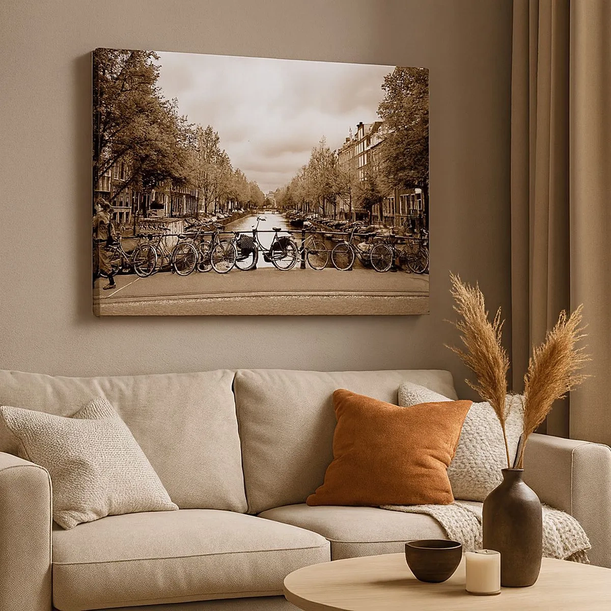 Bild auf Leinwand - Leinwandbild - Fahrradbrücke über den Kanal in Sepia - 70x50cm - Niederländische Atmosphäre - Moderne Wanddekoration für Wohnzimmer und Schlafzimmer ARTTOR