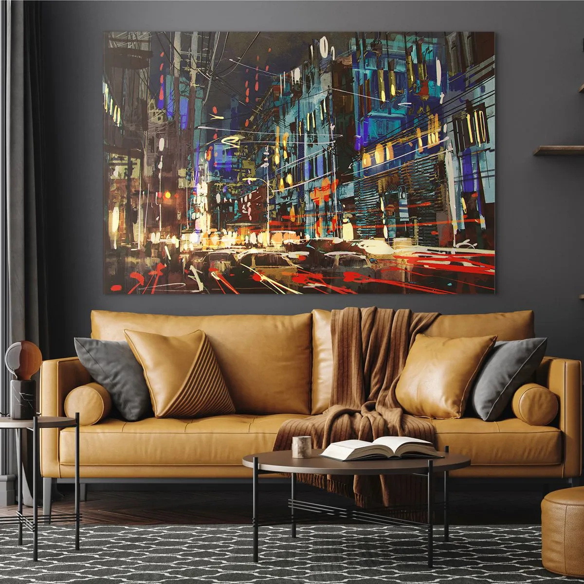 Glasbild - Bild auf glas - Abendliche Stadtstraße mit Neonlichtern und Verkehr - 70x50cm - Abendlicher Straßentrubel - Moderne Wanddekoration für Wohnzimmer und Schlafzimmer ARTTOR