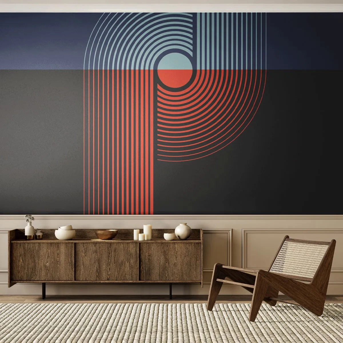 Fototapete Premium Canvas - In einer geometrischen Umarmung - Abstraktion, Grafik, Lineart - 300x210 cm