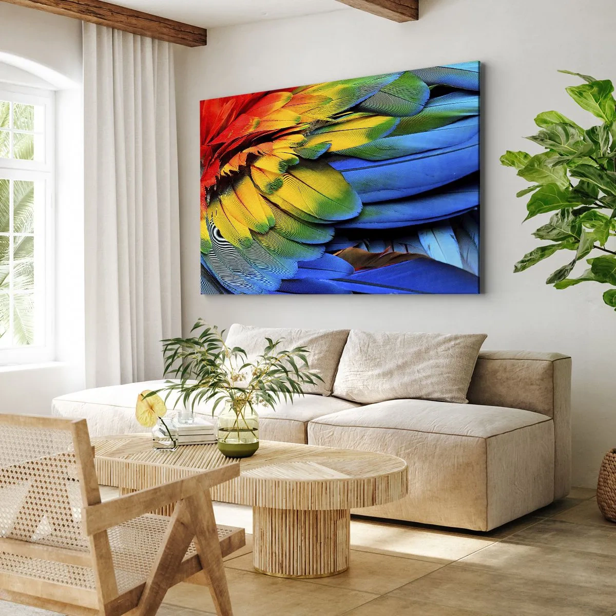 Bild auf Leinwand - Leinwandbild - Eine Nahaufnahme der bunten Federn eines Papageis - 100x70cm - Paradiesvogel - Moderne Wanddekoration für Wohnzimmer und Schlafzimmer ARTTOR